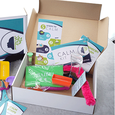 Inside of Calm Kit box and contents